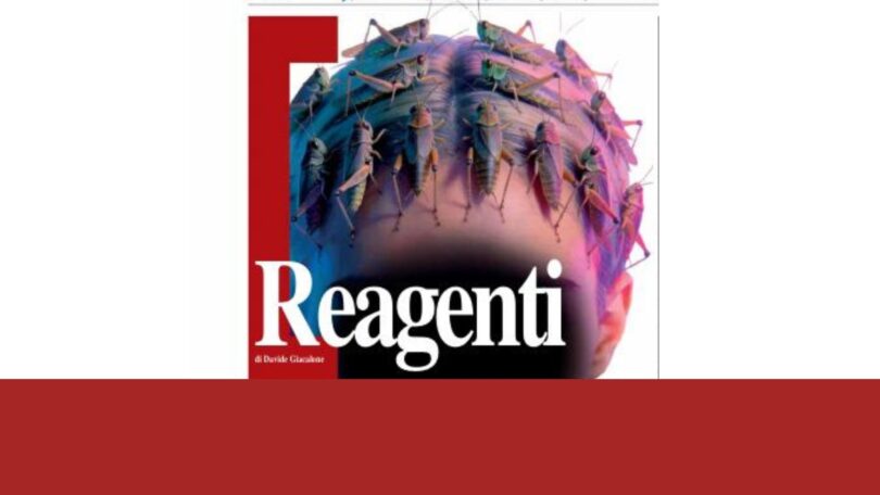Reagenti Illustrazione della rubrica “Reagenti” di Davide Giacalone: testa umana vista dall’alto con cavallette sul capo, grafica artistica su sfondo bianco e rosso.