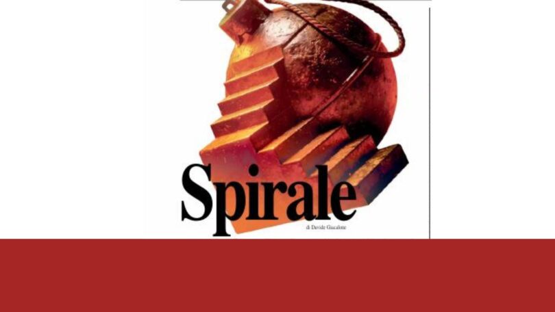 Spirale llustrazione simbolica di una bomba a forma di globo terrestre con una scala a spirale, metafora dell’escalation del conflitto globale