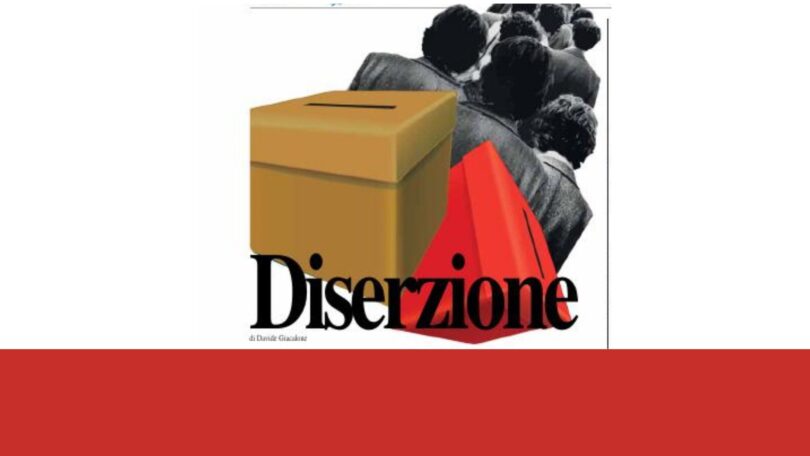 Illustrazione con un’urna elettorale dorata e una scheda rossa davanti a una folla di spalle; in basso il titolo “Diserzione” firmato da Davide Giacalone.