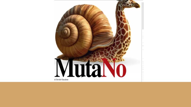 MutaNo Illustrazione di una chiocciola con collo da giraffa e guscio a spirale accanto al titolo “MutaNo” di Davide Giacalone sul referendum giustizia