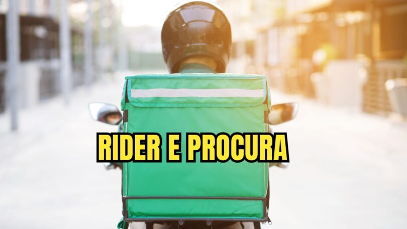 Rider e Procura Rider con zaino verde per consegne a domicilio in scooter, con la scritta “Rider e Procura” in evidenza.