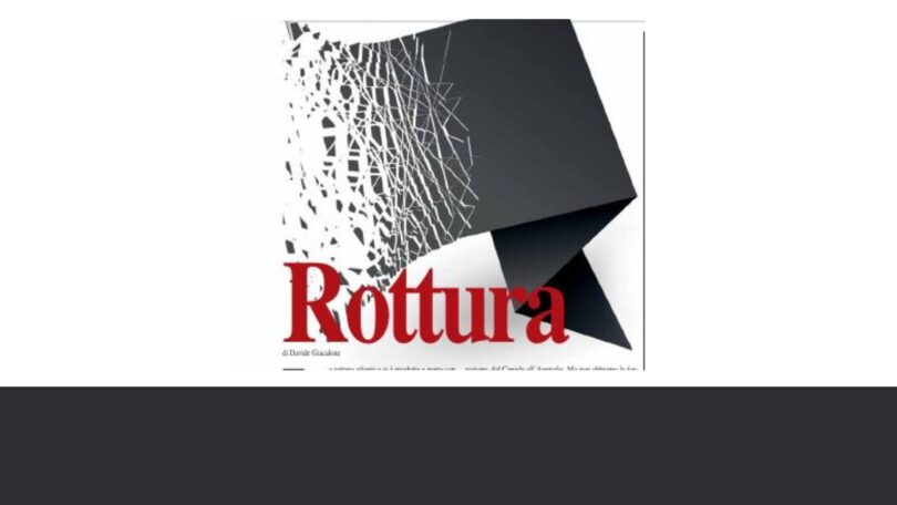 Rottura Blocco geometrico nero spezzato con crepe bianche che si espandono su fondo chiaro e titolo “Rottura” in rosso, simbolo di frattura e disgregazione.