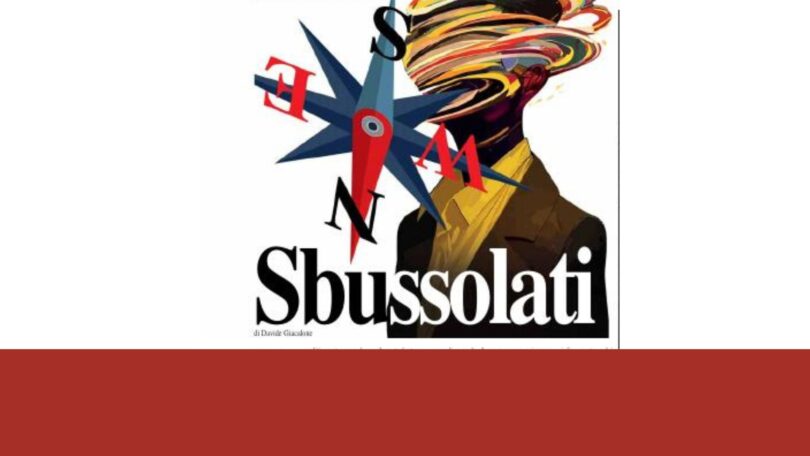 Illustrazione con bussola impazzita e volto confuso che rappresenta un’Italia sbussolata in politica estera
