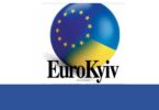 Logo “EuroKyiv” con bandiera dell’Unione Europea e colori dell’Ucraina a simboleggiare l’ingresso di Kiev nell’Ue.