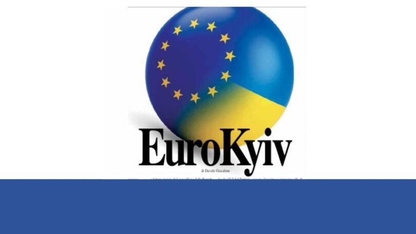 EuroKyiv Logo “EuroKyiv” con bandiera dell’Unione Europea e colori dell’Ucraina a simboleggiare l’ingresso di Kiev nell’Ue.