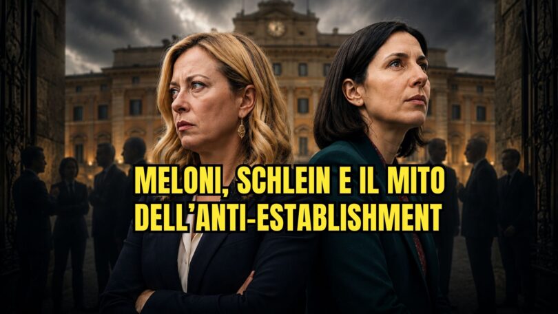 Giorgia Meloni ed Elly Schlein ritratte schiena contro schiena davanti a un grande palazzo istituzionale, con figure sfocate sullo sfondo che richiamano i centri del potere politico ed economico. Atmosfera tesa e simbolica, a rappresentare la competizione tra maggioranza e opposizione sul terreno dell’anti-establishment.