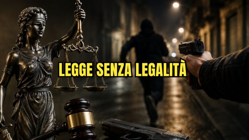 Legittima difesa e giustizia: illustrazione con una pistola puntata verso un rapinatore in fuga, il martelletto del giudice e la statua della Giustizia in primo piano, simbolo del dibattito tra sicurezza, legalità e limiti della legittima difesa.