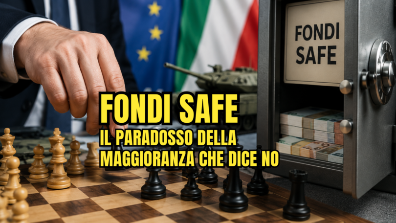 Governativi contro Safe llustrazione simbolica dei fondi Safe dell'Unione Europea per la difesa, con bandiere italiana ed europea, mezzi militari e una cassaforte che richiama i finanziamenti europei.