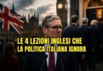 Illustrazione del Parlamento britannico e di Downing Street con il cambio di leadership politica nel Regno Unito, simbolo del dibattito sul premierato e sul ruolo dei partiti nelle democrazie.
