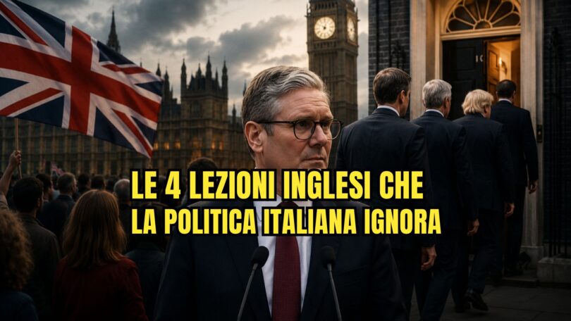 Illustrazione del Parlamento britannico e di Downing Street con il cambio di leadership politica nel Regno Unito, simbolo del dibattito sul premierato e sul ruolo dei partiti nelle democrazie.
